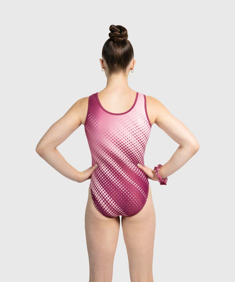Back view of the Plum Pixel Rush tank leotard with a pink-to-berry pixel pattern