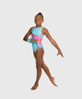 Gymnast modeling the Plum Synch Wave tank leotard in an extended side pose