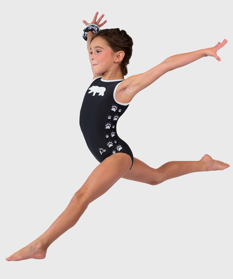 Plum Cares Snow Bear Boogie Traditional Leotard in black and white, with paw print accents.   