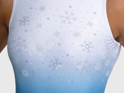 Sparkling crystal snowflake details on soft ombré gymnastics leotard for girls.