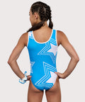 Plum Spirit Traditional Gymnastics Leotard for Girls in green, white, and blue. Girls Gymnastics Leotard with star design.