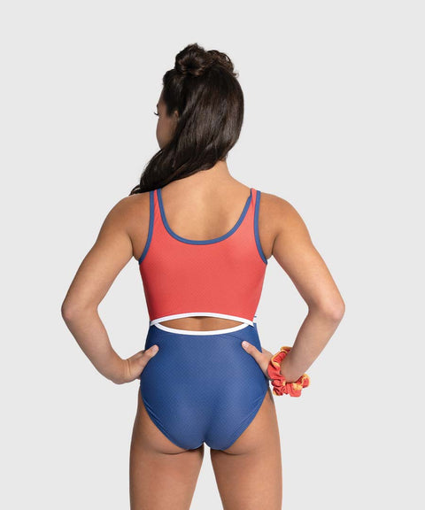 Back of Nutcracker-themed holiday leotard with red and white trim and secure tank silhouette.
