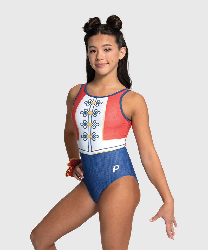 Gold button detailing and colorblocked holiday vest print on girls gymnastics leotard.