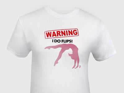 Warning! I Do Flips T-Shirt with bold caution graphic, perfect for gymnasts. Soft, unisex fit ideal for gymnastics practice or casual wear.