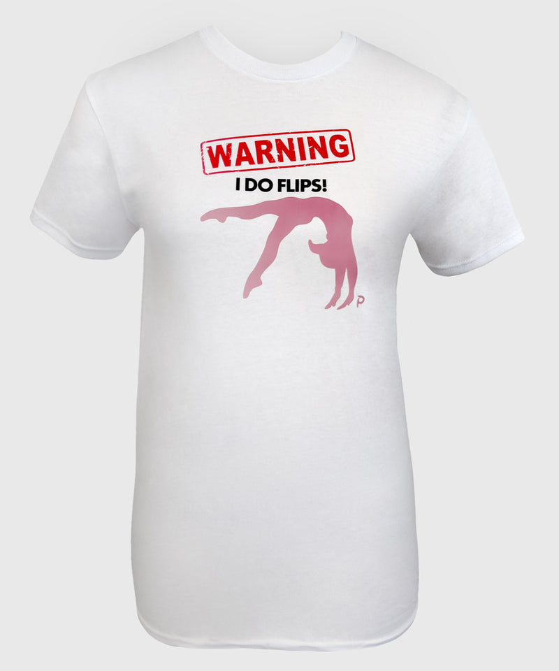 Warning! I Do Flips T-Shirt with bold caution graphic, perfect for gymnasts. Soft, unisex fit ideal for gymnastics practice or casual wear.