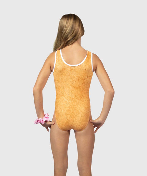 A girl modeling a one-piece leotard from the back, showing a textured golden-yellow surface with white trim, set against a solid light gray background.